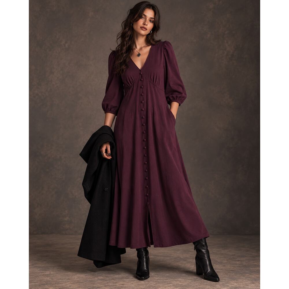 eShakti Romantic Goth Maxi Dress L Puff Sleeve Button Front Dark Academia Plum